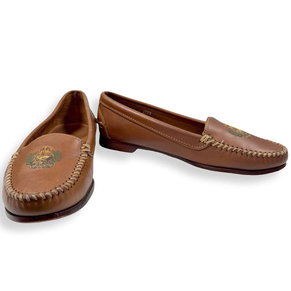 Vintage Ralph Lauren Bench Made Maine Brown Leather Crest Loafers Womens 8B